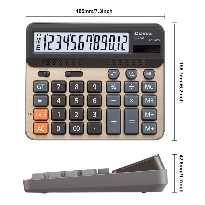 Desktop Calculator, Large Computer Keys, 12 Digits Display, Champaign Gold Color Panel, C-2735