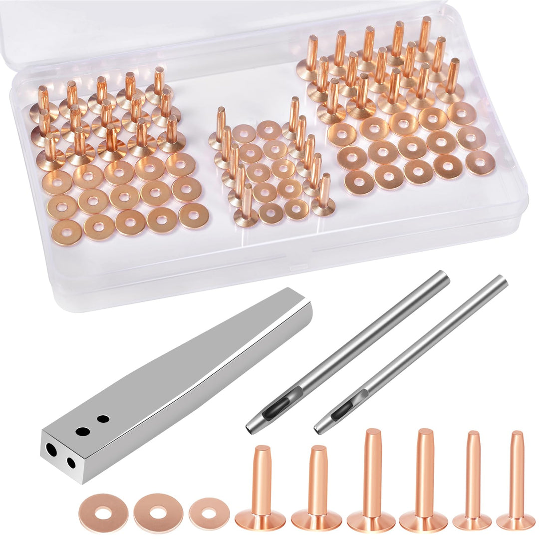 84Pcs, Copper Rivets and Burrs, #9 and #12 Burrs Setter, Leather Rivets Fastener Install Setting Tool with 4mm Leather Hole Punch Cutter for Belts Wallets Collars Leather Working Supplies