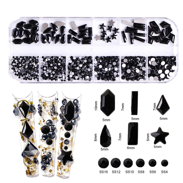 1620pcs Flat Back Jet Black Nail Rhinestones Red Nail Rhinestones Round Beads Crystals Glass Gems Stones Multi Shapes Sizes With Picking Pen for Crafts Nail Face Art Clothes Shoes Bags DIY