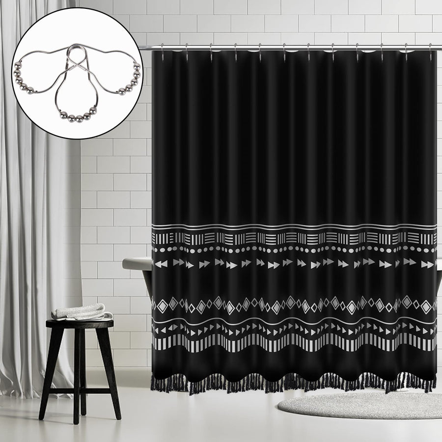 Black Boho Shower Curtain Set, Modern Farmhouse Tassel Shower Curtain, Abstract Geometric Shower Curtain for Bathroom Decor, Tribal Fabric Standard Shower Curtain with Stripe Knotted-Tassel , 72 x 72
