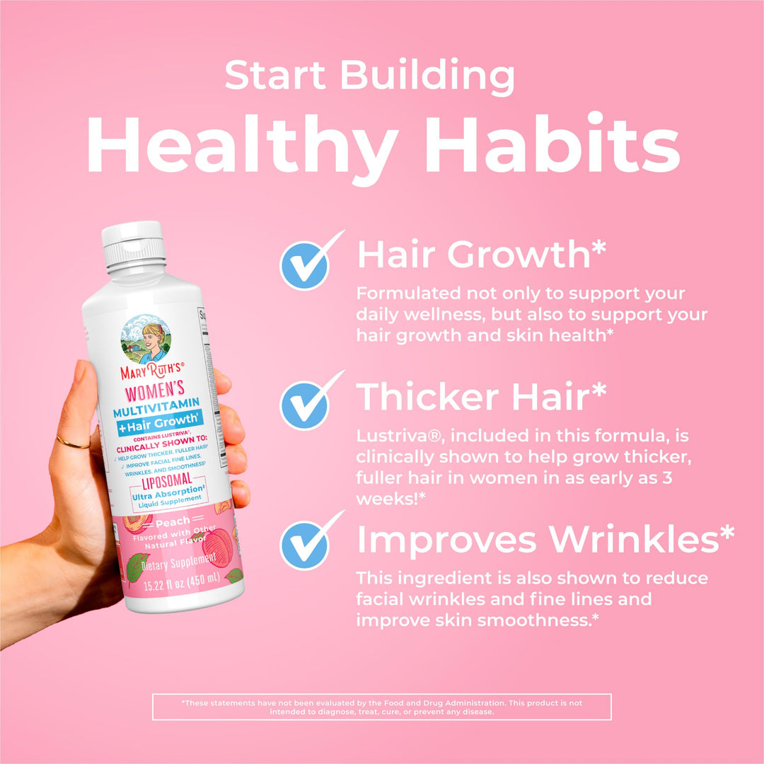 Women&#39;s Multivitamin + Lustriva Hair Growth Liposomal | Biotin 10000mcg | Clinically Tested for Thicker Hair, Wrinkles, Fine Lines, Skin Care | with Ashwagandha &amp; Maca Root | Ages 18+ | 15.22 Fl Oz