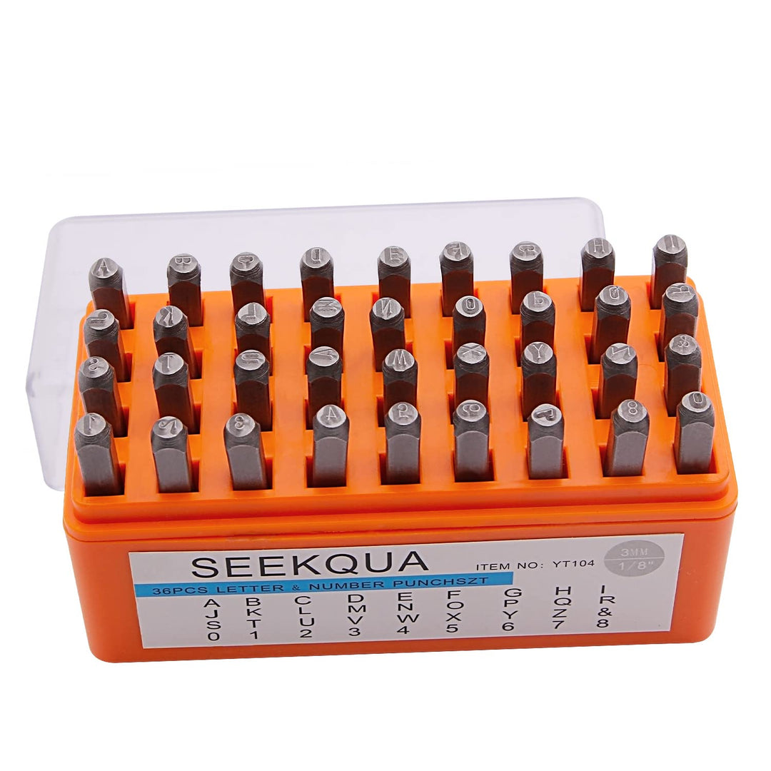 SEEKQUA 36PCS Letter and Number Steel Metal Stamp Capital Letter and Number Punch Set(A~Z, &, 0-8) with Storage Case for Jewelry Leather Wood Stamping (3mm)