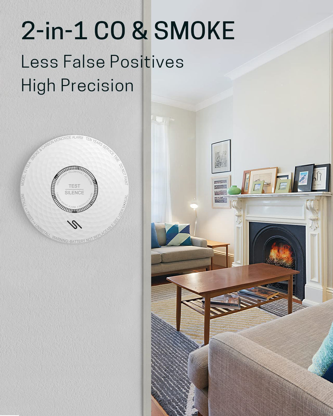 Smoke Detector Carbon Monoxide Detector Combo, 10-Year Battery Combination Smoke Carbon Monoxide Alarm, Fire and CO Alarm with Test and Silence Function,1 Pack