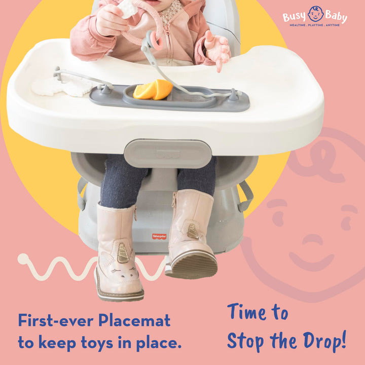 BUSY BABY MAT | Silicone Mini Suction Placemat for Babies & Toddlers with Adjustable Tethers to Attach Toys | Keep Toys Off The Floor, Dishwasher Safe, BPA Free | includes Travel Sleeve (Yellow)