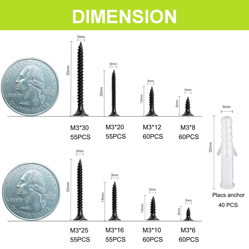 500 Pcs M3 Flat Head Small Wood Screws Assortment Kit, Phillips Drive Countersunk Head Self Tapping Screws,Black Self Tapping Screws for Metal,8 Sizes Screws and 40pcs M6 Screws Anchorss