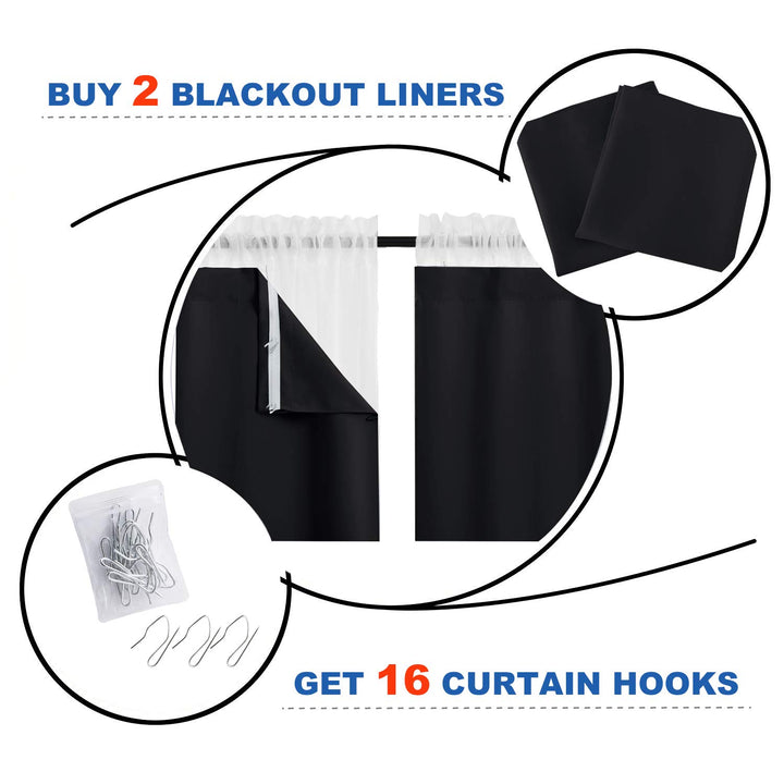 Blackout Curtain Liner for 29-42 Wide Drapes - Thermal Insulated Rod Pocket Window Curtain Liners, Hooks Included (Set of 2 Panels, Each is 27 Wide, Black)