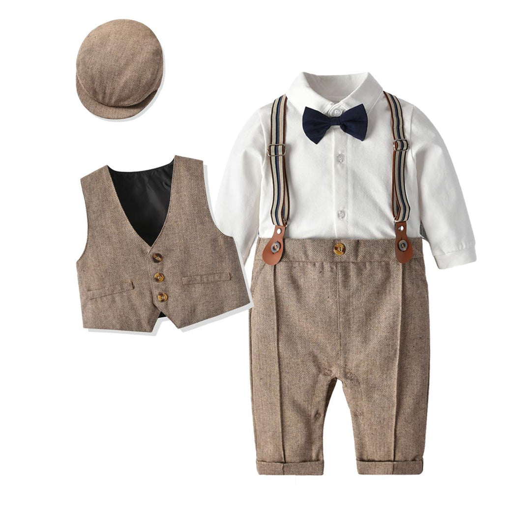 Baby Boys Long Sleeve Gentleman Outfits Set,Romper Suits+Vest+Suspenders+Bowtie+Cap,18-24M