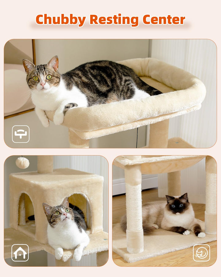 56.3 Inches Multi-Level Cat Tree Cat Tower with Sisal Covered Scratching Posts, Comfort Condo, Extra Large Hammock and Plush Perches Beige