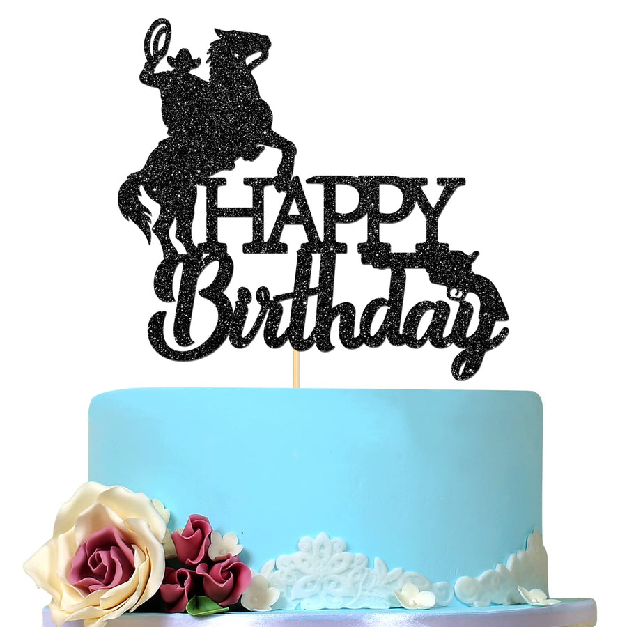 Black Cowboy and Horse Cake Topper with Gun, Happy Birthday West Theme Cake Decoration, Horse Racing Cake Topper, Western Wedding Anniversary Party Supplies
