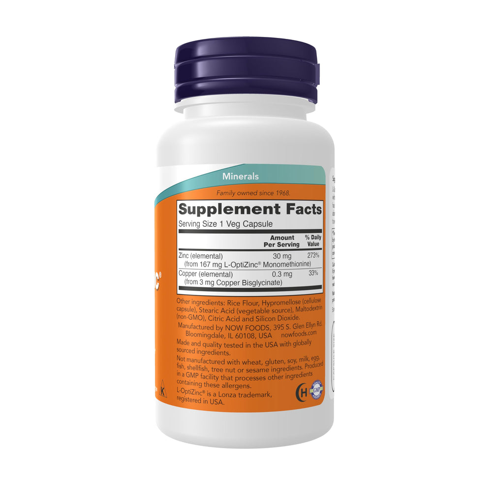 NOW Foods Supplements, L-OptiZinc® 30 mg with Copper, H