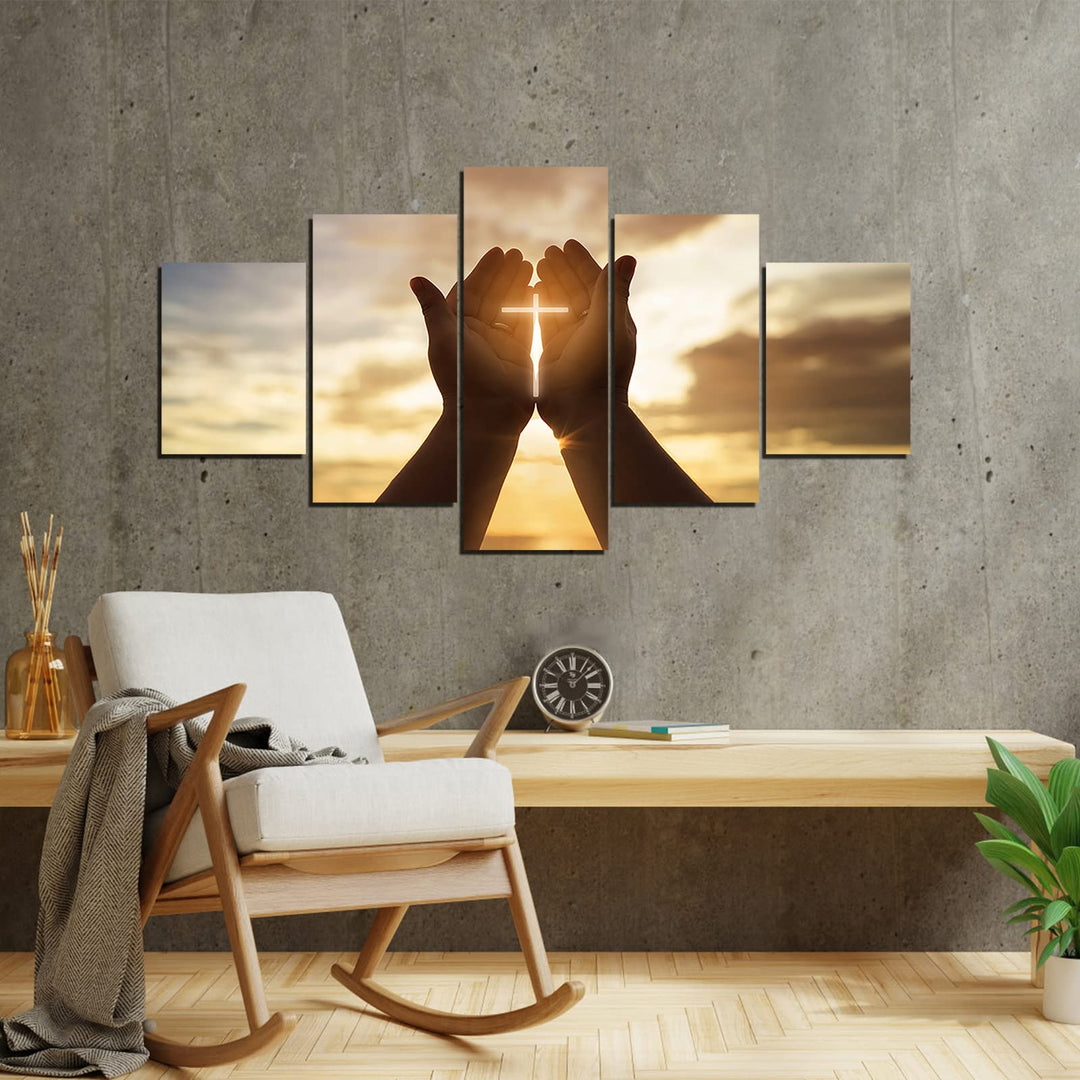 Jesus Christ Canvas Wall Art Jesus Hands Prayer Cross in Hands Poster 5 Pieces Artwork Painting for Living Room Home Decoration Suitable for Church(Unframed,YSWL-06)