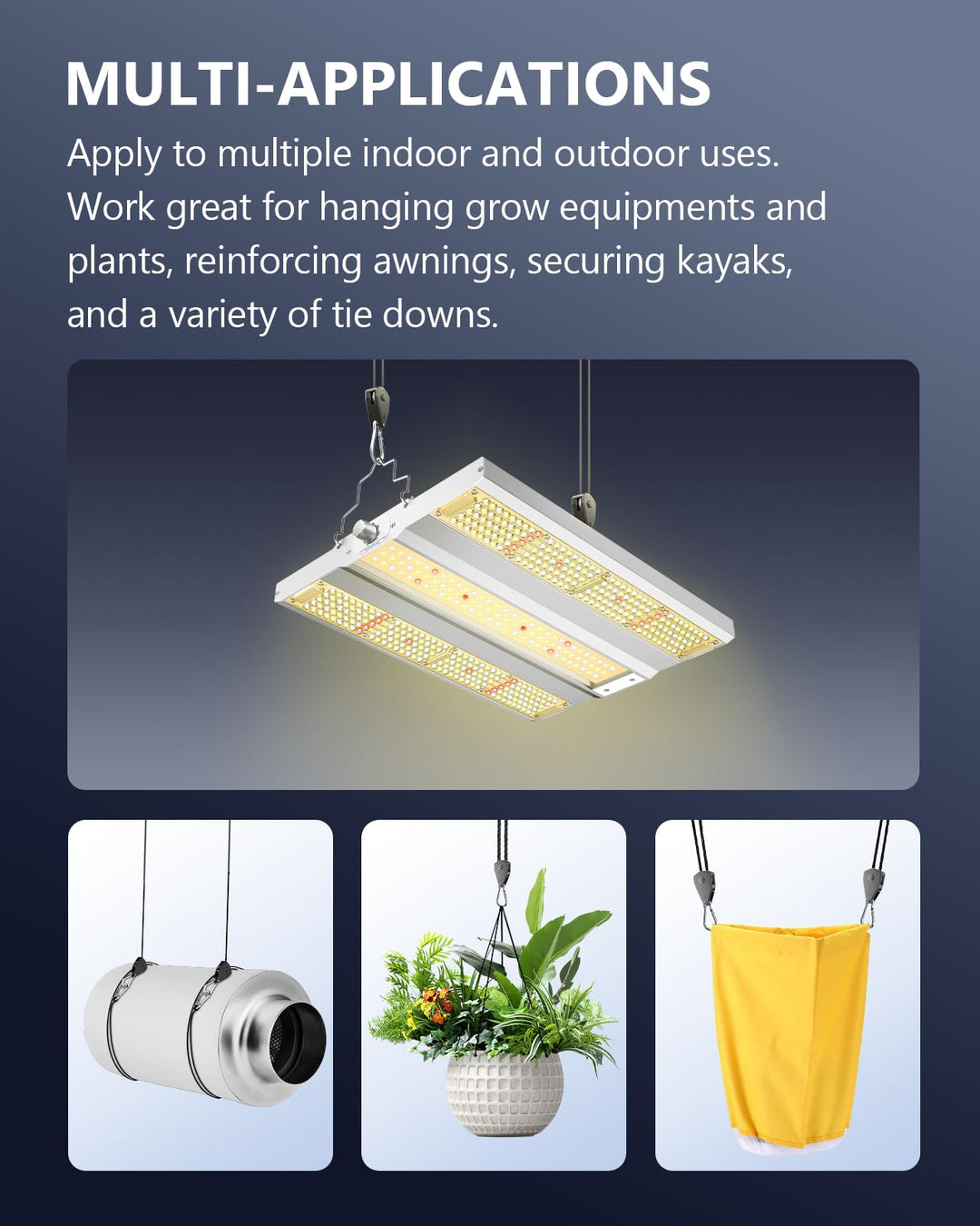 Retractable Heavy Duty Ratchet Tie Down Straps [2 Pack, 8ft, 75lbs/Pack], Rope Pulley System with Carabiner Hook for Hanging Plants/Grow Light/Tents Various Tie-Down Uses