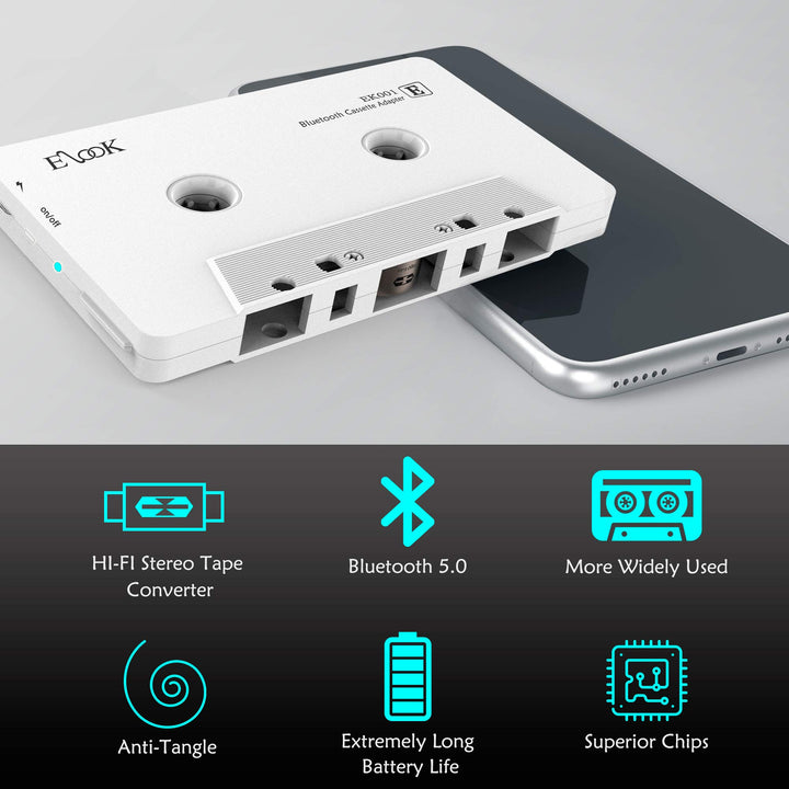 Car Audio Receiver, Bluetooth Cassette Receiver Tape Aux Adapter Player with Bluetooth 5.0, White