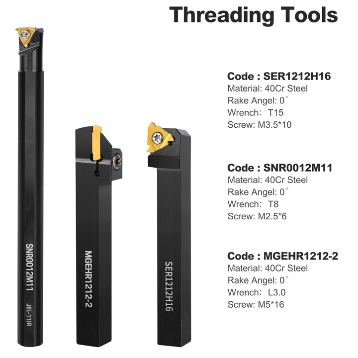 Metal Lathe Cutting Tools - 7PCS 1/2 Indexable Lathe Turning Tool with 14pcs Indexable Carbide Inserts for Turning Grooving Boring Cutting Threading