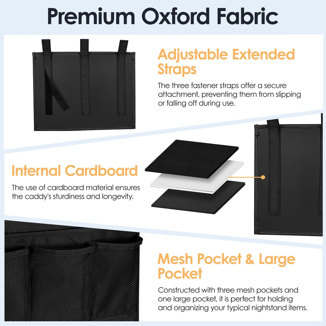 Bedside Caddy Storage Organizer, Hanging Storage Bag Pocket for Bunk/Hospital Beds,College Dorm Organizer for Remotes Phone,College Dorm,Camp,Baby Bed Rails(4 Pockets),Black