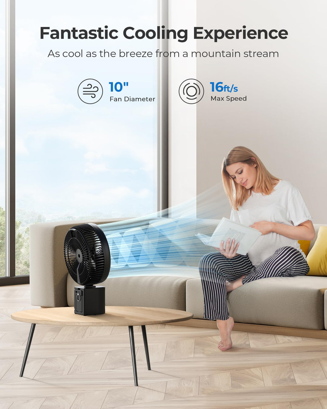 10 Portable Pedestal Fan, 10000mAh Rechargeable Table Fan with 7 Speeds, Oscillating Standing Fan with Timer for Bedroom, Office, Camping