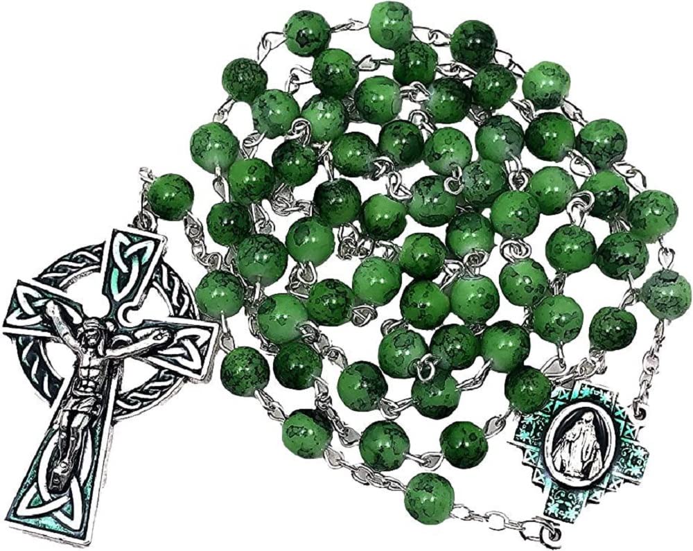 Catholic St Patrick Green Glass Marble Bead Rosary Gift Set