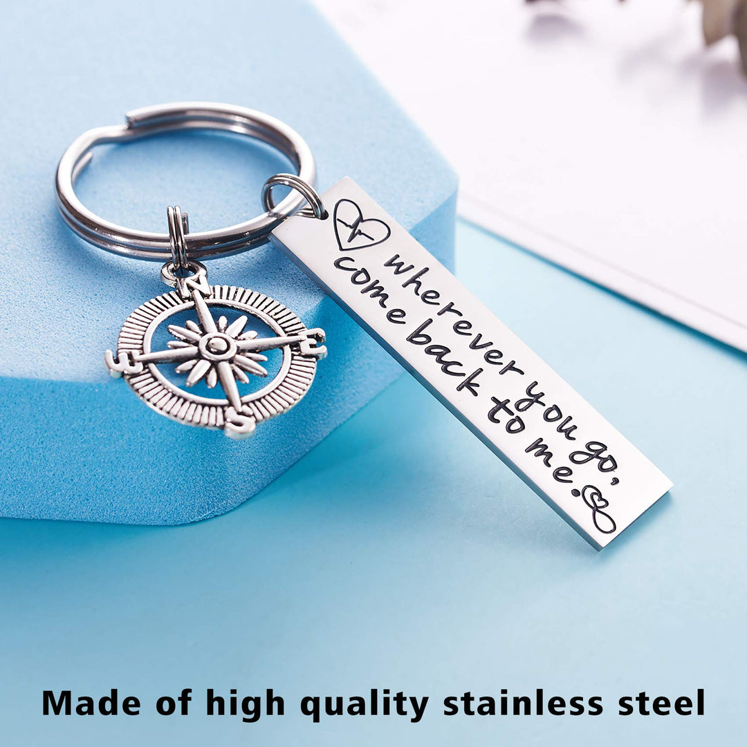 Wherever You Go Come Back to Me Keychain Long Distance Relationship Graduation College Moving Deploying Stainless Steel Gift for Boyfriend Men Love