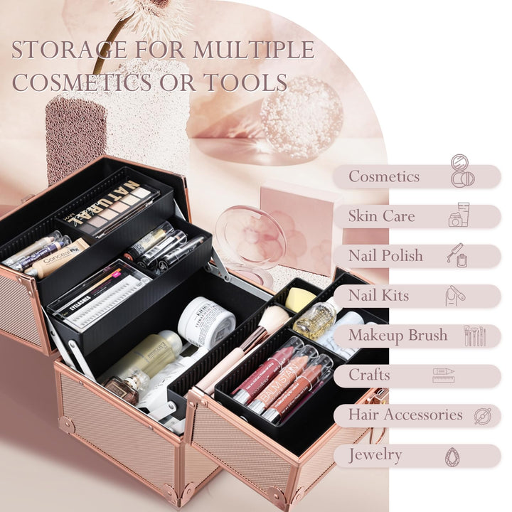 Makeup Train Case 10 Inch Travel Beauty Cosmetic Box Professional 4-trays Jewelry Storage Organizer with Lockable Portable for Women and Girls - Rose Gold
