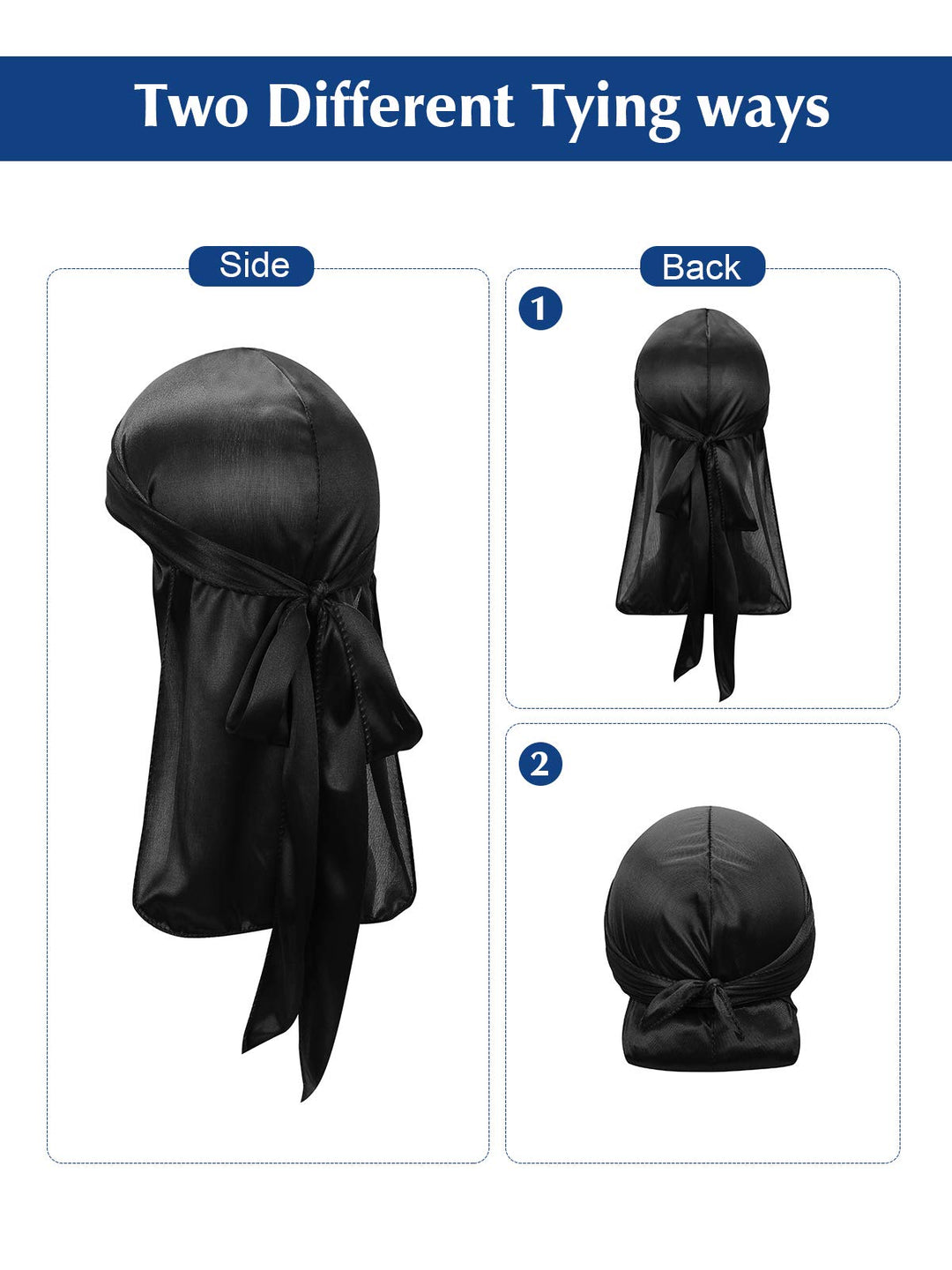 Satin Silk Head Wrap Durag Long Tail Beanies For Men Women Headwraps Cap 2pcs Black&amp;Black