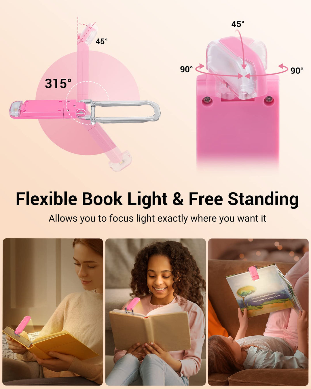 Book Reading Light, USB Rechargeable Booklight for Reading in Bed, LED Clip On Book Lights for Kids, Bookworms, Blue Light Blocking, 4 Brightness Adjustable for Eye Care (Pink)