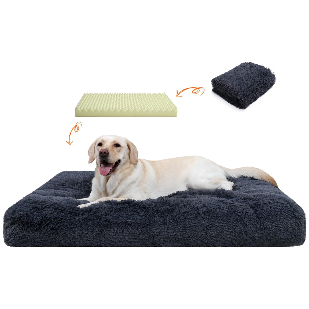 Orthopedic Dog Beds Medium/Large Sized Dog Washable Removable Cover, Plush Dog Bed Waterproof Lining NonSkid Bottom, Crate Foam Dog Pillow Mattress Fluffy Anti Anxiety Pet Bed 35x23 Inch, Dark Grey