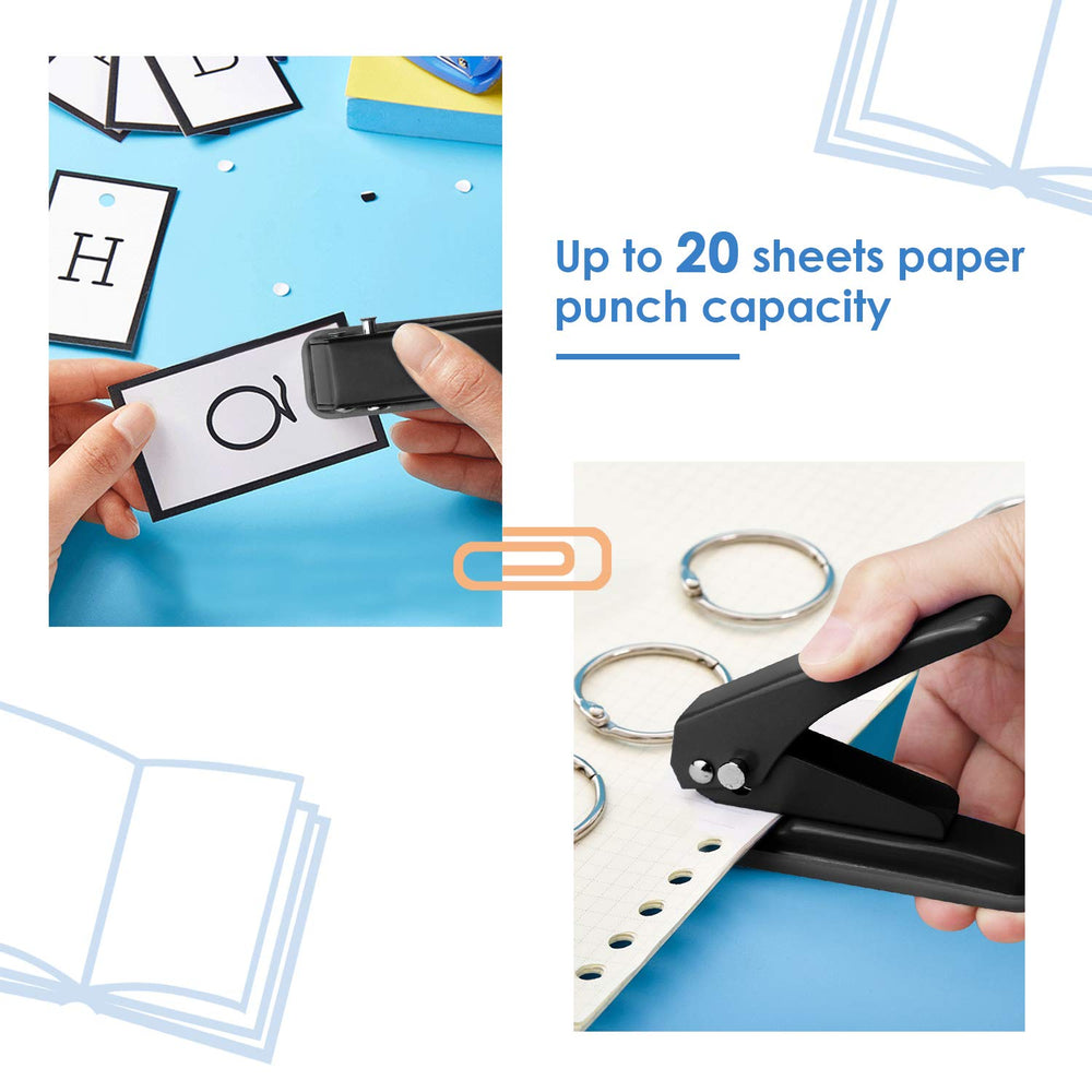Single Hole Punch 1 Hole Puncher Heavy Duty Paper Hole Punch, 20 Sheet Punch Capacity, Whole Puncher Hand Craft Hole Puncher for Paper, Chipboard, Index Cards, Card Stock and Art Project, Black