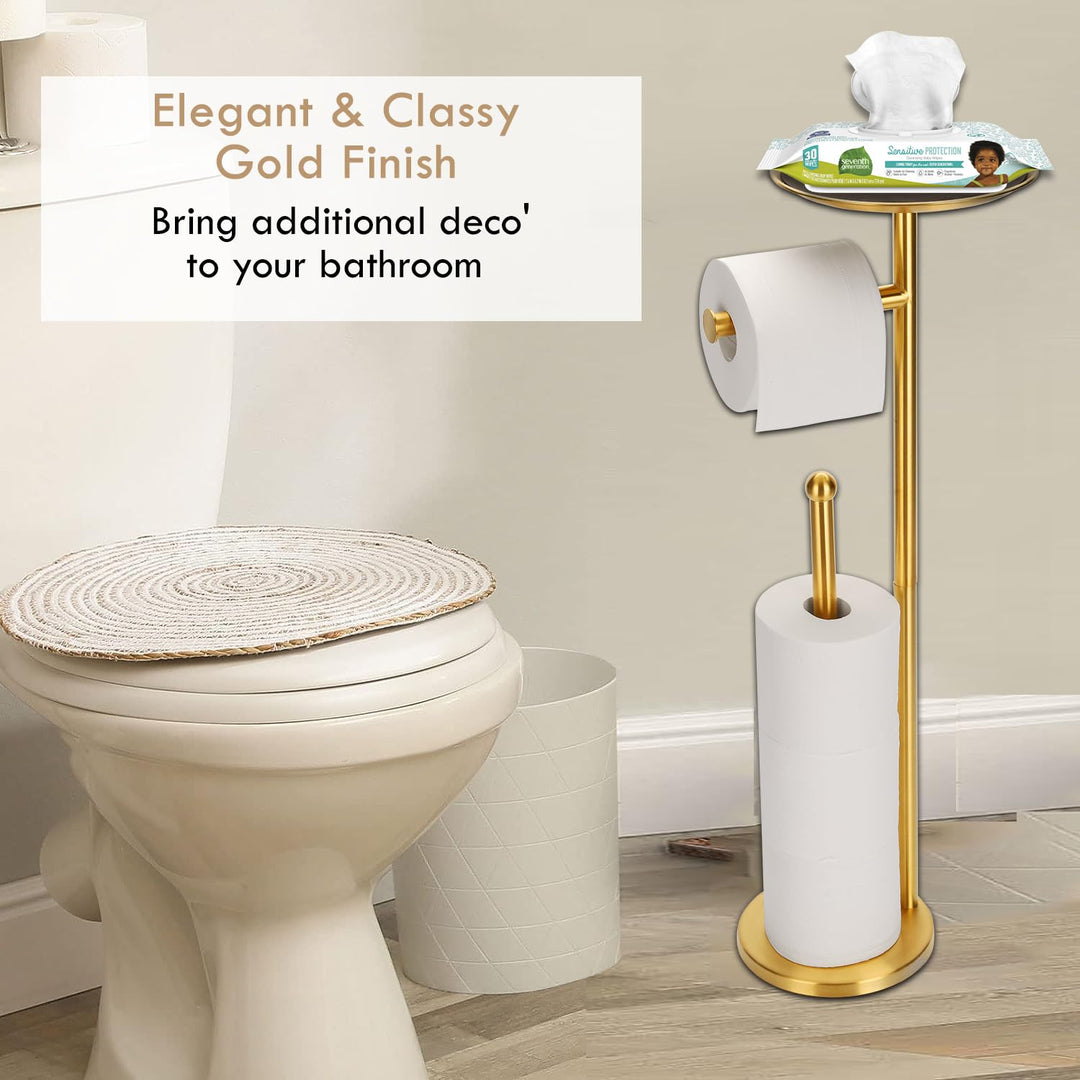 Gold Free Standing Toilet Paper Stand with Reserve, Heavy Marble Base, Freestanding Toilet Paper Roll Stand, Free Standing Toilet Roll Holder, SUS304 Stainless Steel (Gold)