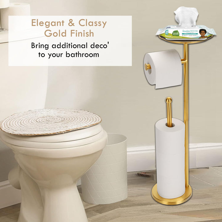 Gold Free Standing Toilet Paper Stand with Reserve, Heavy Marble Base, Freestanding Toilet Paper Roll Stand, Free Standing Toilet Roll Holder, SUS304 Stainless Steel (Gold)
