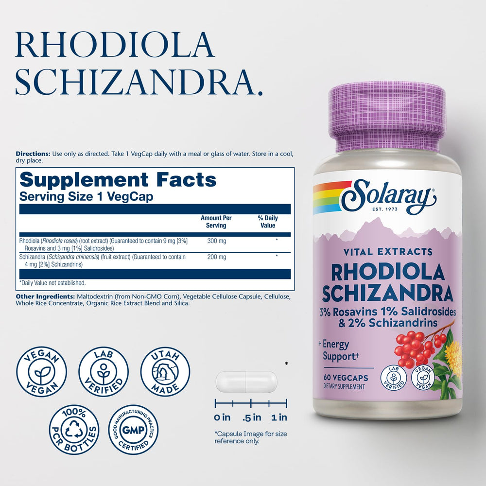 Rhodiola Schizandra - Rhodiola Rosea Extract - Energy Support and Occasional Stress Relief Supplement - Vegan, Lab Verified, 60-Day Guarantee - 60 Servings, 60 VegCaps