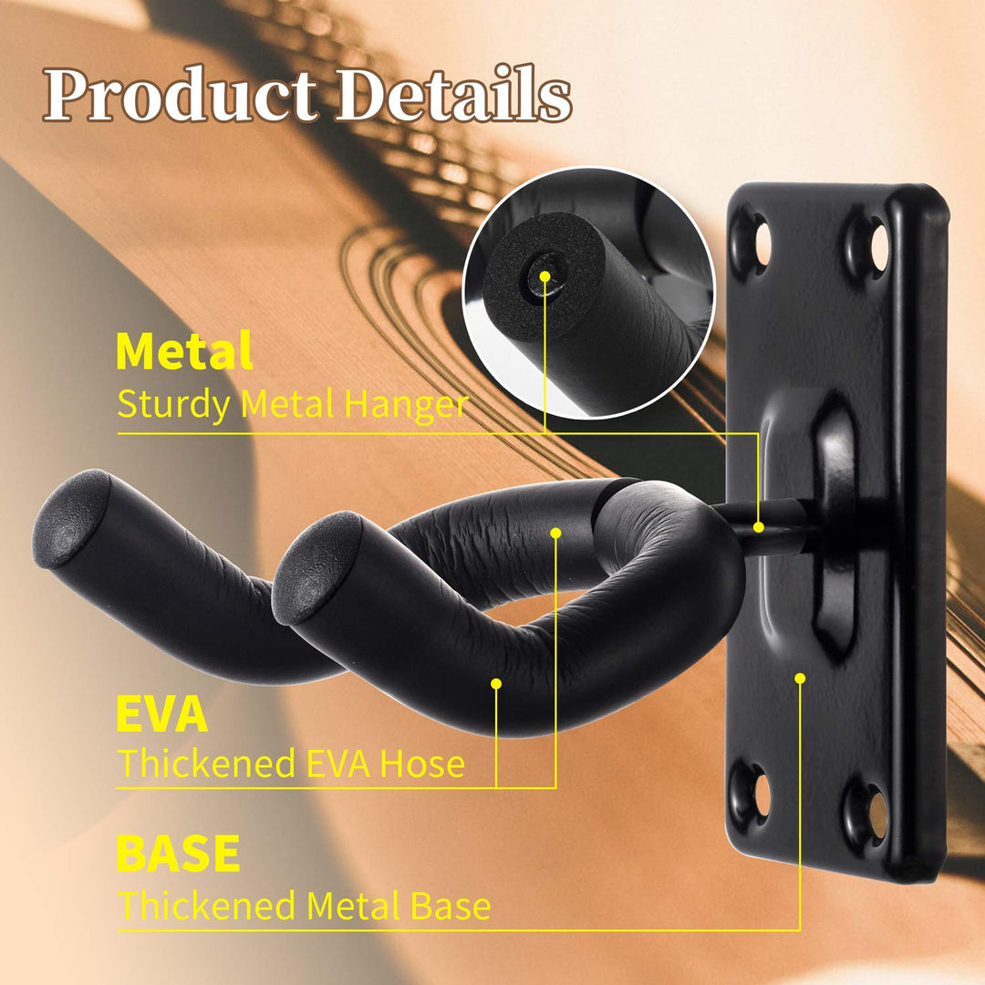 Guitar Wall Mount Hanger Hook Holder Stand 2 Pack Guitar Hangers Hooks for Acoustic Electric and Bass Guitars (2Pack-Black)