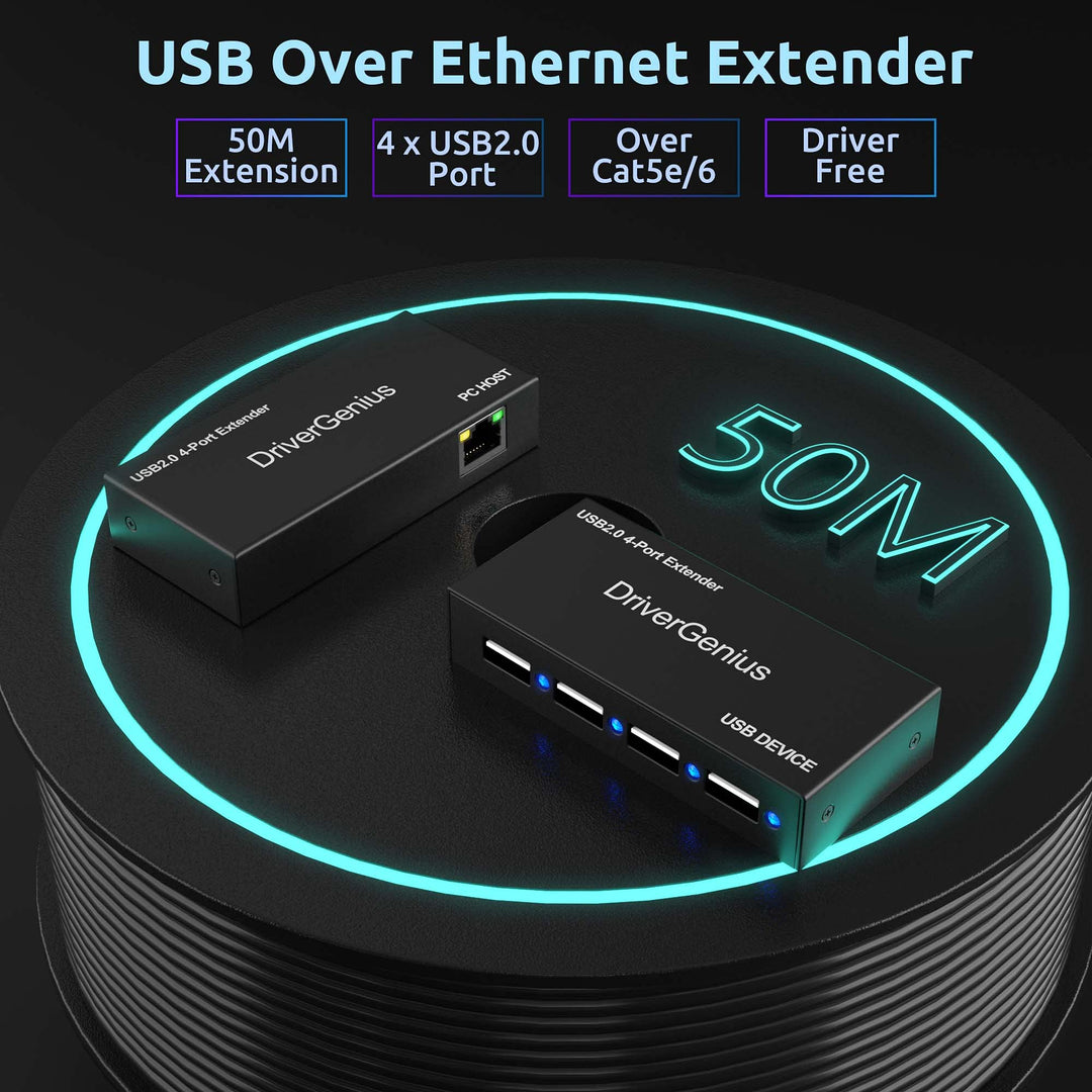 4 Port USB 2.0 Ethernet Extender, Up to 165ft, with LEDs - USB Over Cat6/Cat5e/Cat7 Ethernet Extender- Compatible for Windows 11/ Mac/Ubuntu (Metal, NT100)