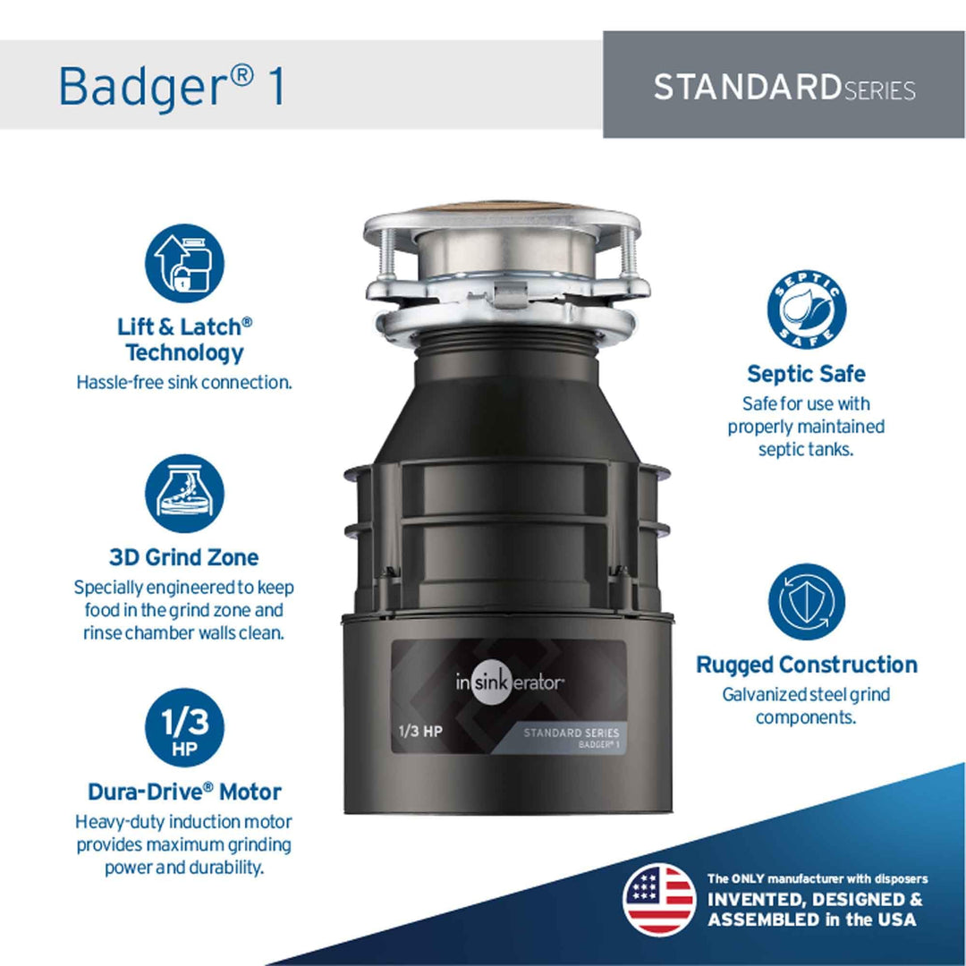 Garbage Disposal, Badger 1, Standard Series, 1/3 HP Continuous Feed, Black, Waterborne Grey Enamel