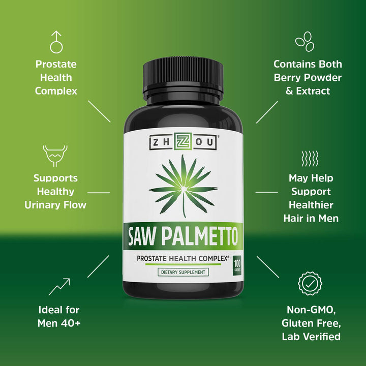 Zhou Nutrition Saw Palmetto Capsules for Prostate Health Extract and Berry Powder Complex, 500 mg, 100 Caps