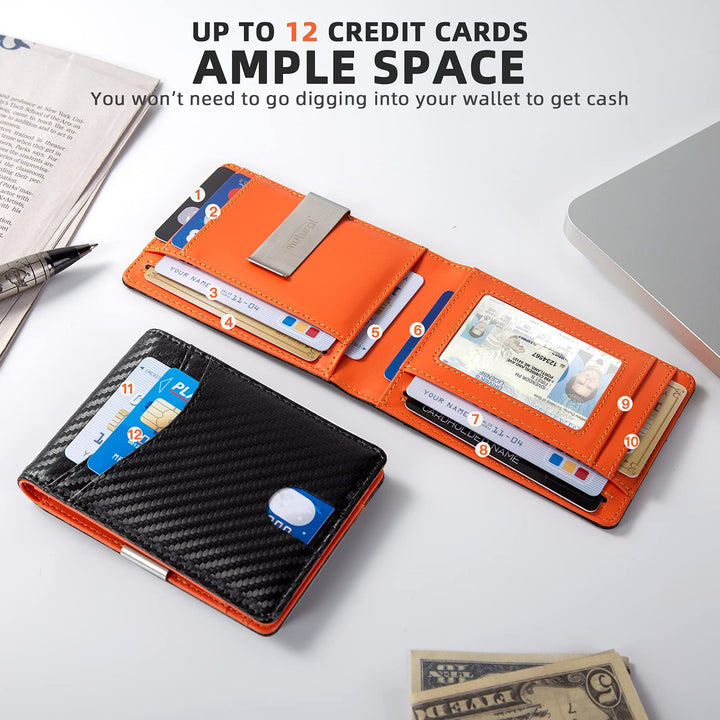 Minimalist Slim Wallet for Men, Premium Leather Wallet with Money Clip, RFID Blocking Front Pocket Stylish Bifold Wallet (Black &amp; Blue)