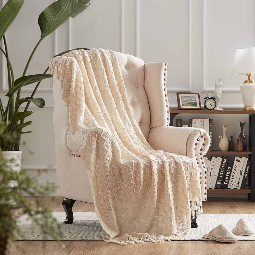 NexHome Throw Blankets for Couch Cream Decorative Knit 