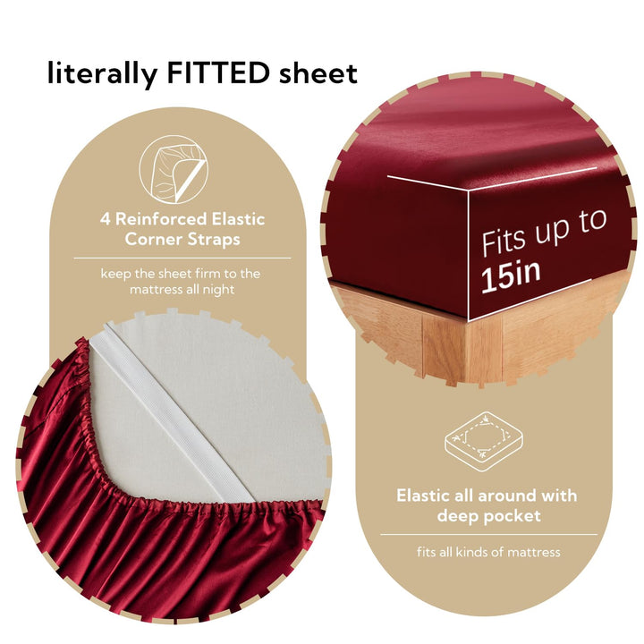 Satin Sheets Bed Set 4 Pcs, CK Size Silky Bedding Set, Soft and Durable Pillowcase Cover, Flat Sheet and Fitted Sheet, Hotel Luxury Bed Sheets Set (California King, Burgundy)