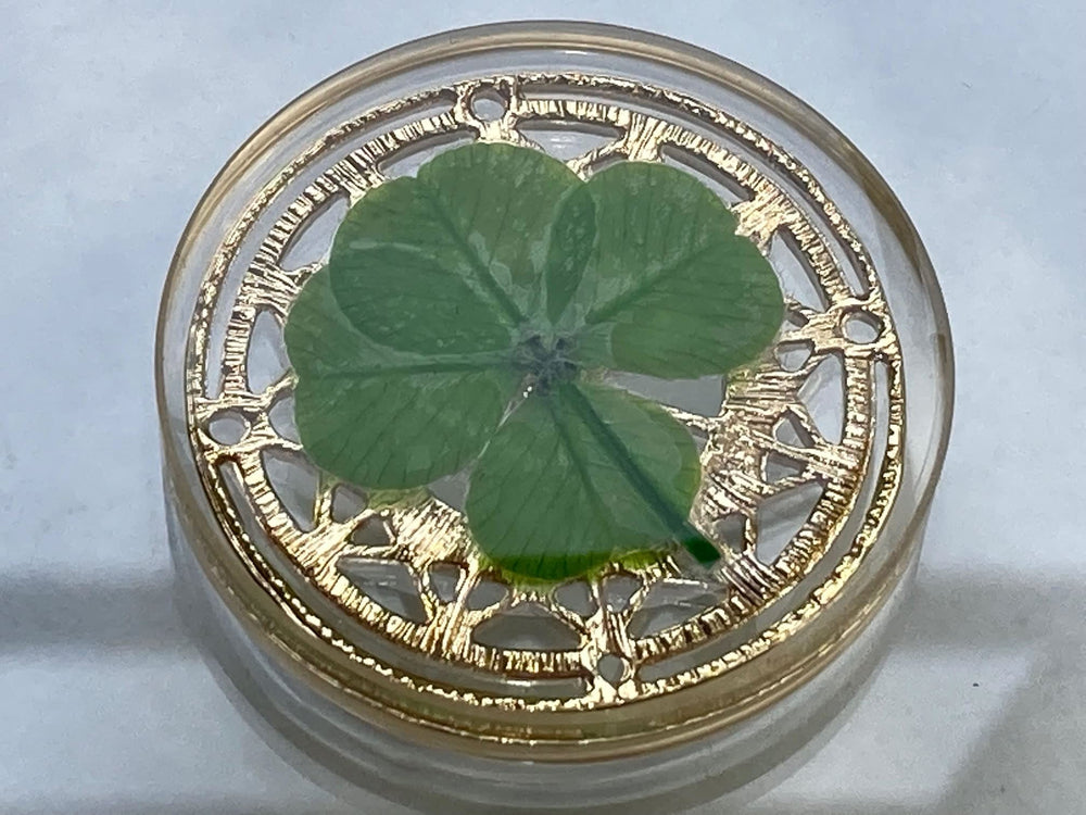Real Four Leaf Clover Good Luck Pocket Token, Preserved, 1.25”, Including Metal Ornament (Magic Circle of The Moon)