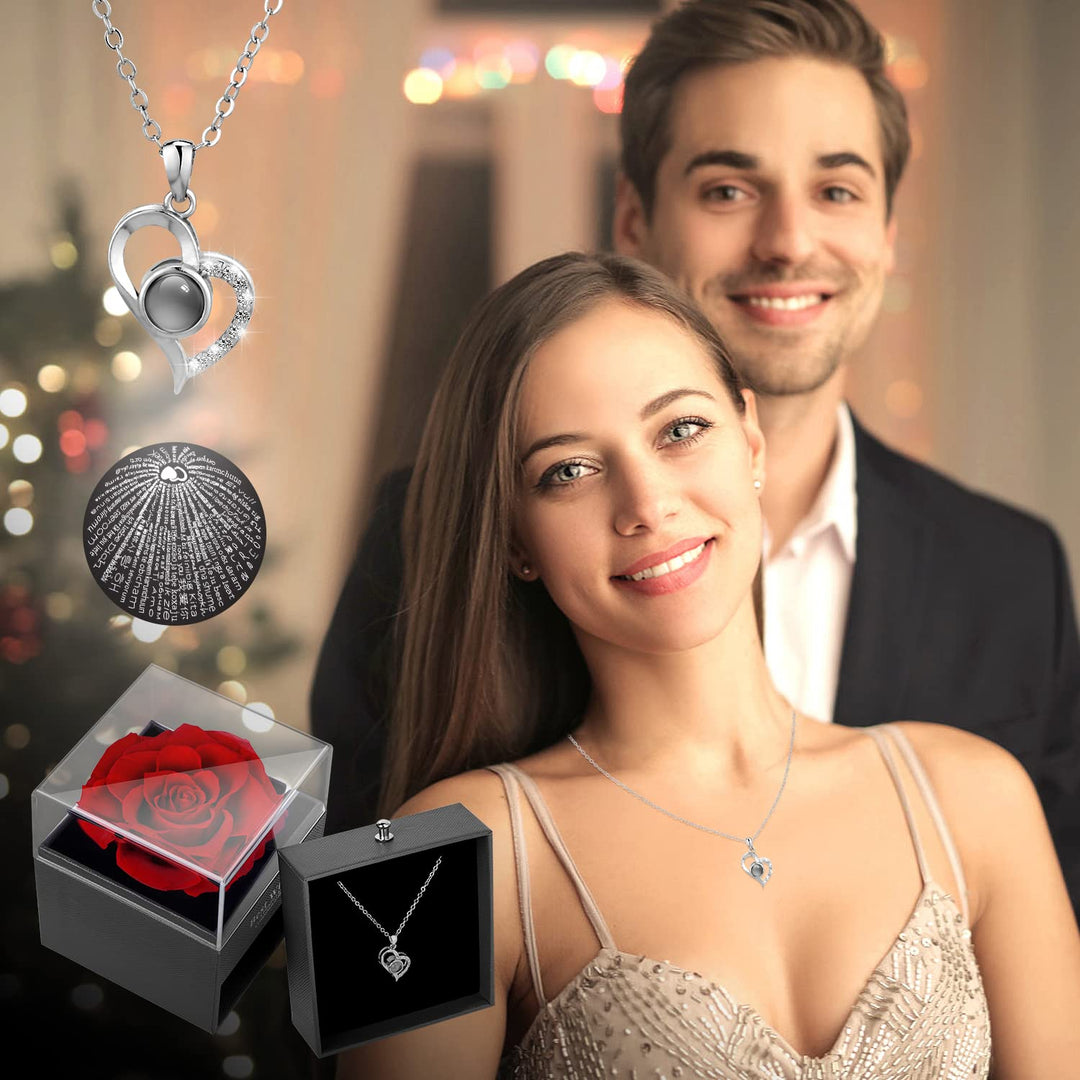 Preserved Red Real Rose, Mothers Day Gifts for Mom with I Love You Necklace in 100 Languages, Enchanted Rose Flower Mother’s Day Gifts Ideas from Daughter Husband Son for Her Grandma Wife