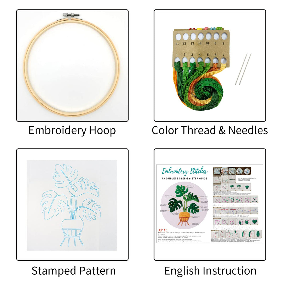 Monstera Embroidery Starters Kit for Adults, Cross Stitch kit for Beginners with Plant Pattern Embroidery Cloth,Hoop, Needles, Color Threads