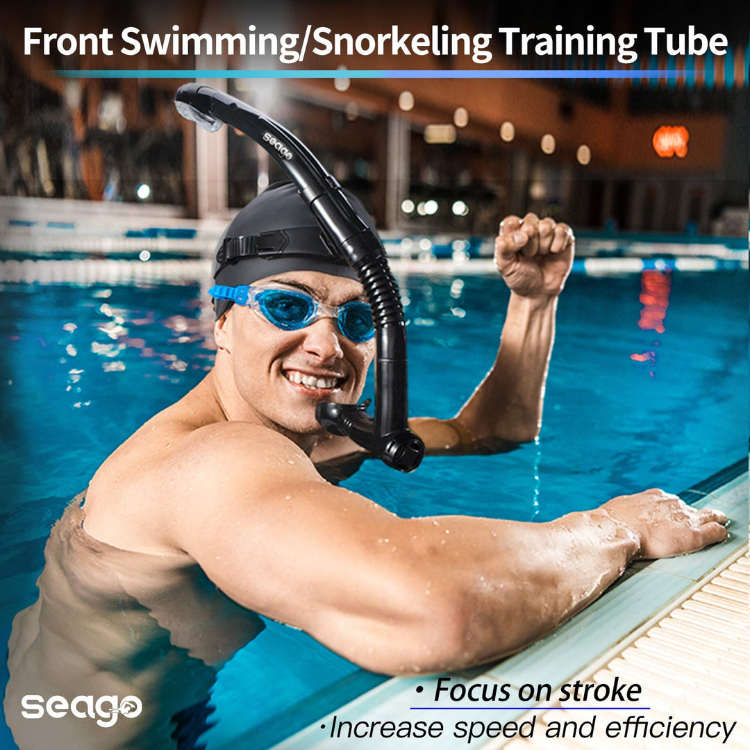 Seago Swim Snorkel for Lap Swimming, Dry Top Front Swimmer Snorkel for Adult Youth, Snorkel Gear Swimming Training Equipment in Pool and Open Water with Comfy Head Pads Food-Grade Silicone Mouthpiece
