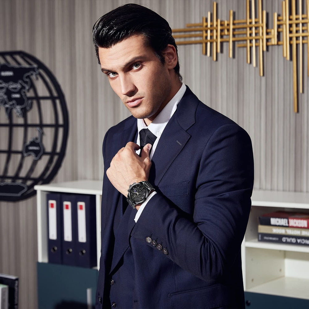 Men's Watches Analog Quartz Chronograph Waterproof Stainless Steel Wrist Watches for Men Business Work Casual Sport Black Mens Dress Watch Unique Elegant Gifts for Men