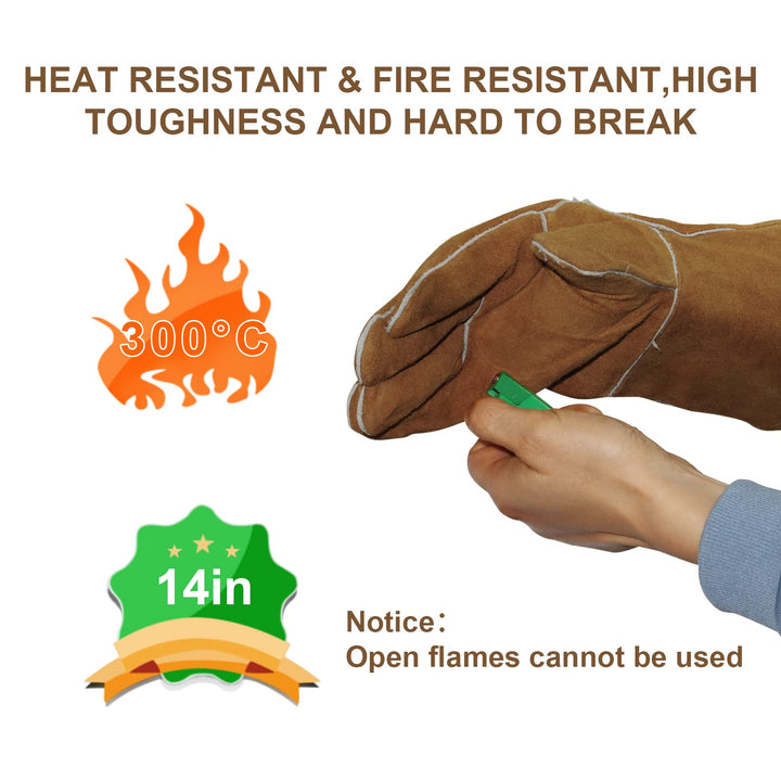 KOP&amp;WDHOM Welding Gloves 14 Heat &amp; Wear Resistant Lined Premium Leather&amp;Fireproof Stitching Heat Resistant for Fireplace/Welders/BBQ/Gardening Gloves