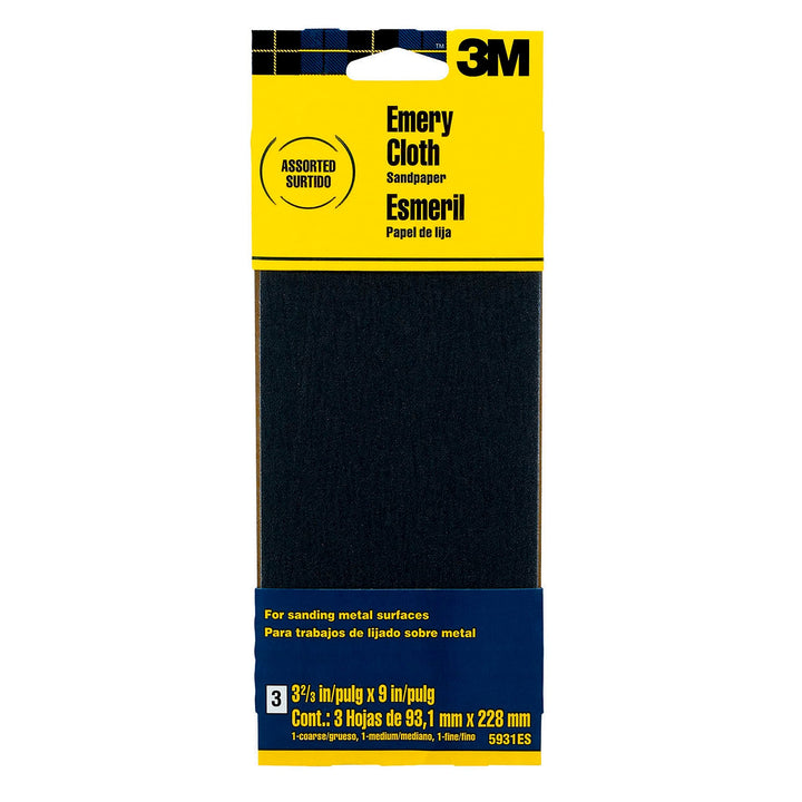 3M Emery Cloth Sandpaper, For Sanding Metal Surfaces, 3 Sheets, 3.67-in x 9-in, Assorted Grit Abrasives, Cloth Backed Sanding Paper, For Light Rust Removal & Cleaning, Light Metal Polishing (5931)