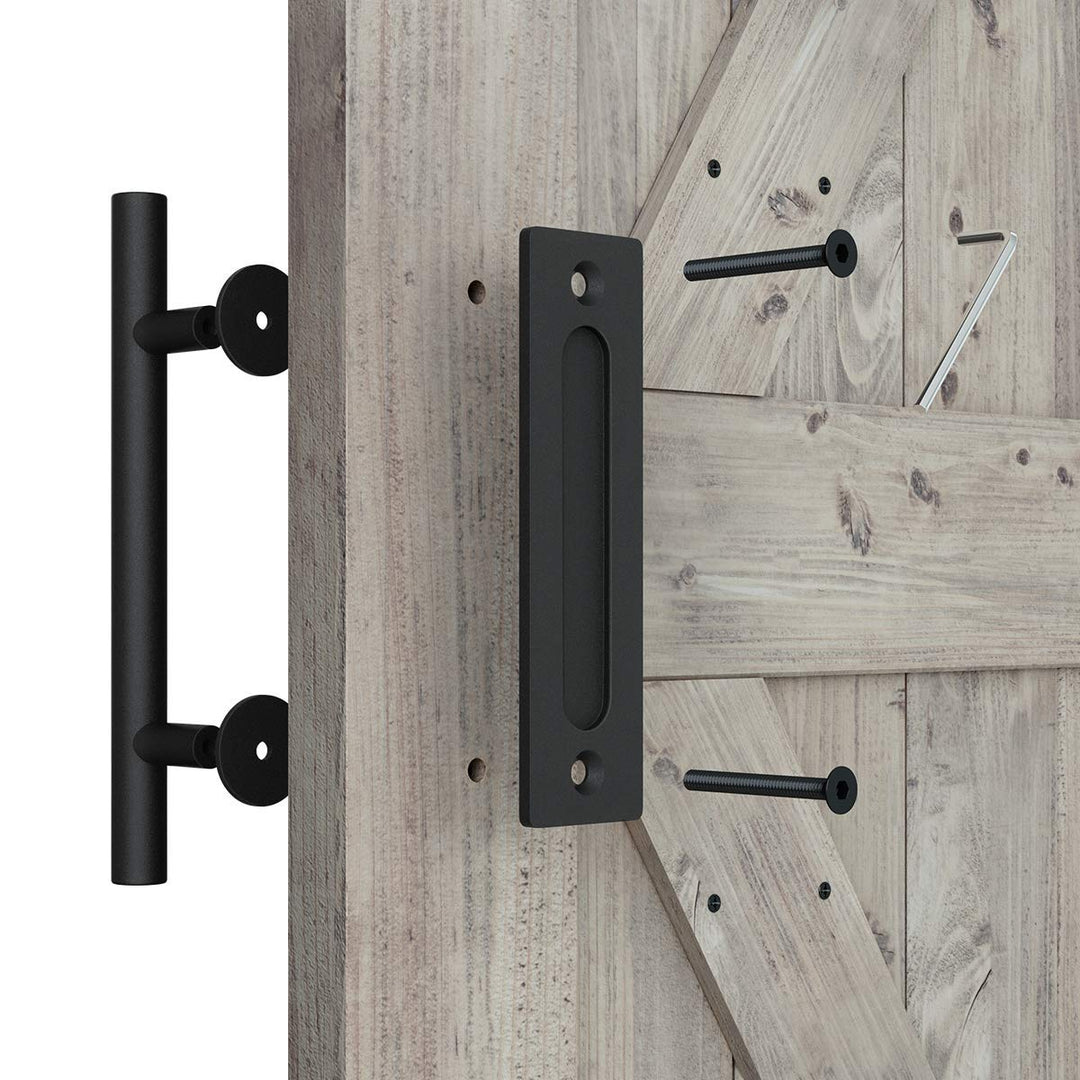 Heavy Duty 12 Pull and Flush Barn Door Handle Set, Large Rustic Two-Side Design, for Gates Garages Sheds Furniture, Solid Steel Material, Round, Black