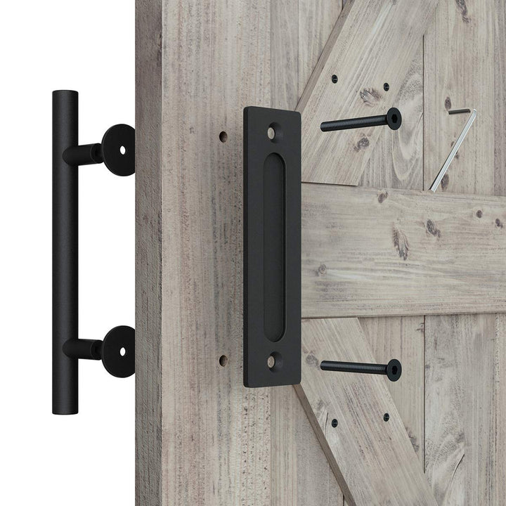 Heavy Duty 12 Pull and Flush Barn Door Handle Set, Large Rustic Two-Side Design, for Gates Garages Sheds Furniture, Solid Steel Material, Round, Black