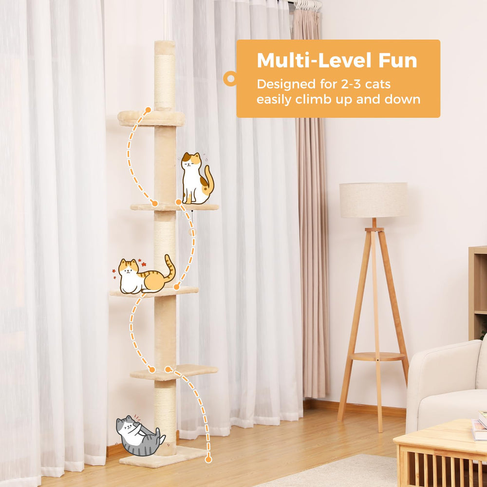 Floor to Ceiling Cat Tree, Cat Tower 5-Tier Height(95-107 Inches) Adjustable, Tall Cat Climbing Tree Featuring with Scratching Post, Cozy Bed,Interactive Ball Toy for Indoor Cats/Kitten Beige