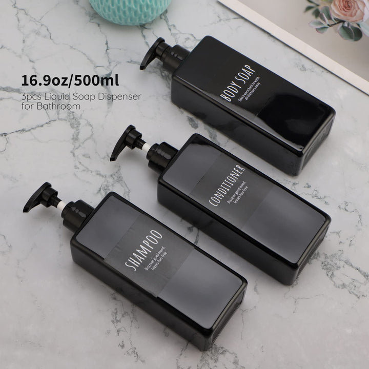 Shampoo and Conditioner Dispenser Refillable, 3pcs 16.9oz Shower Bottles Soap Dispenser with Labels, 500ml Empty Plastic Square Pump Bottle Dispenser Body Wash Containers for Bathroom Black