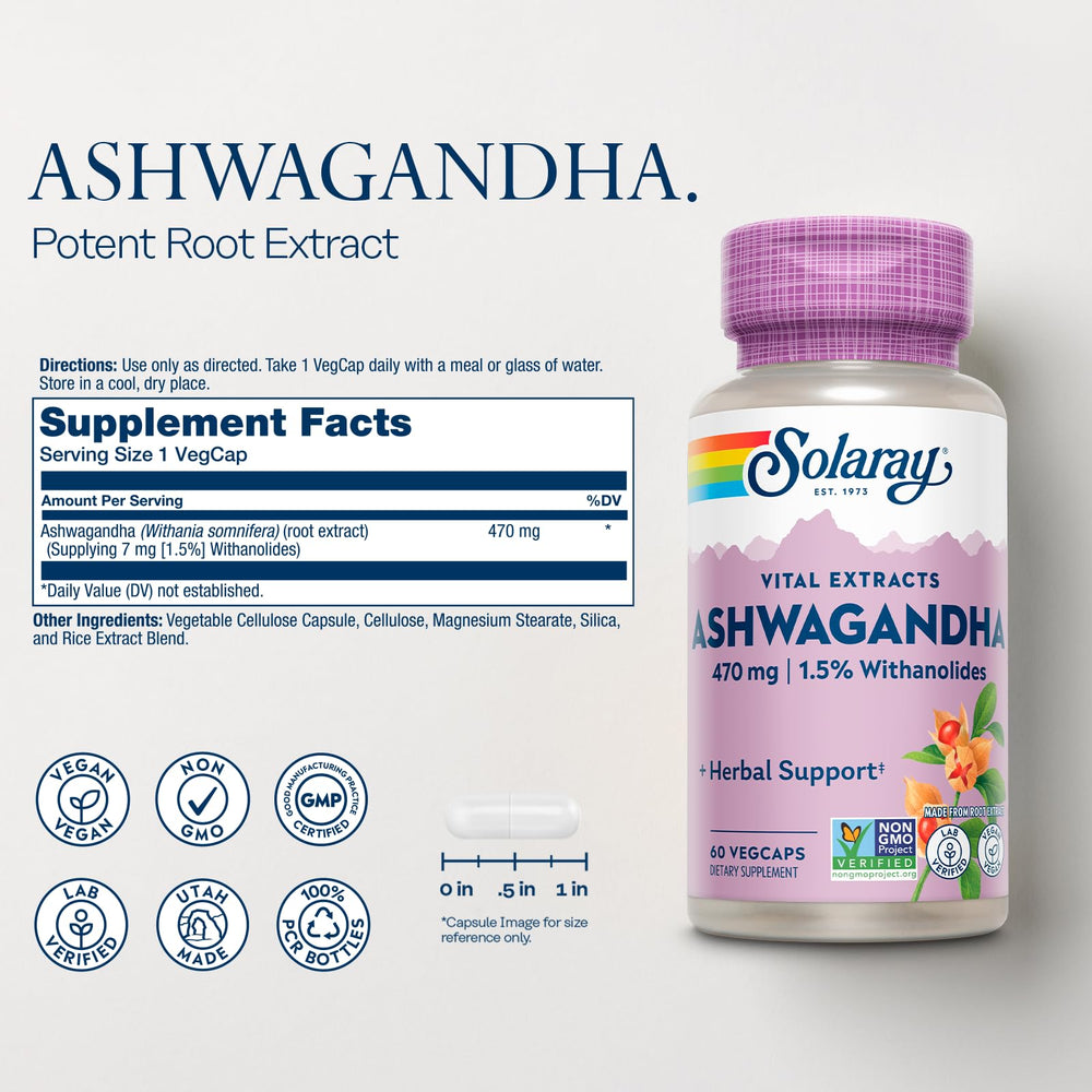 Vital Extracts Ashwagandha - 470 mg Ashwagandha Root Extract Standardized to 7 mg Withanolides - Vegan, Non-GMO, Lab Verified, 60-Day Guarantee - 60 Servings, 60 VegCaps