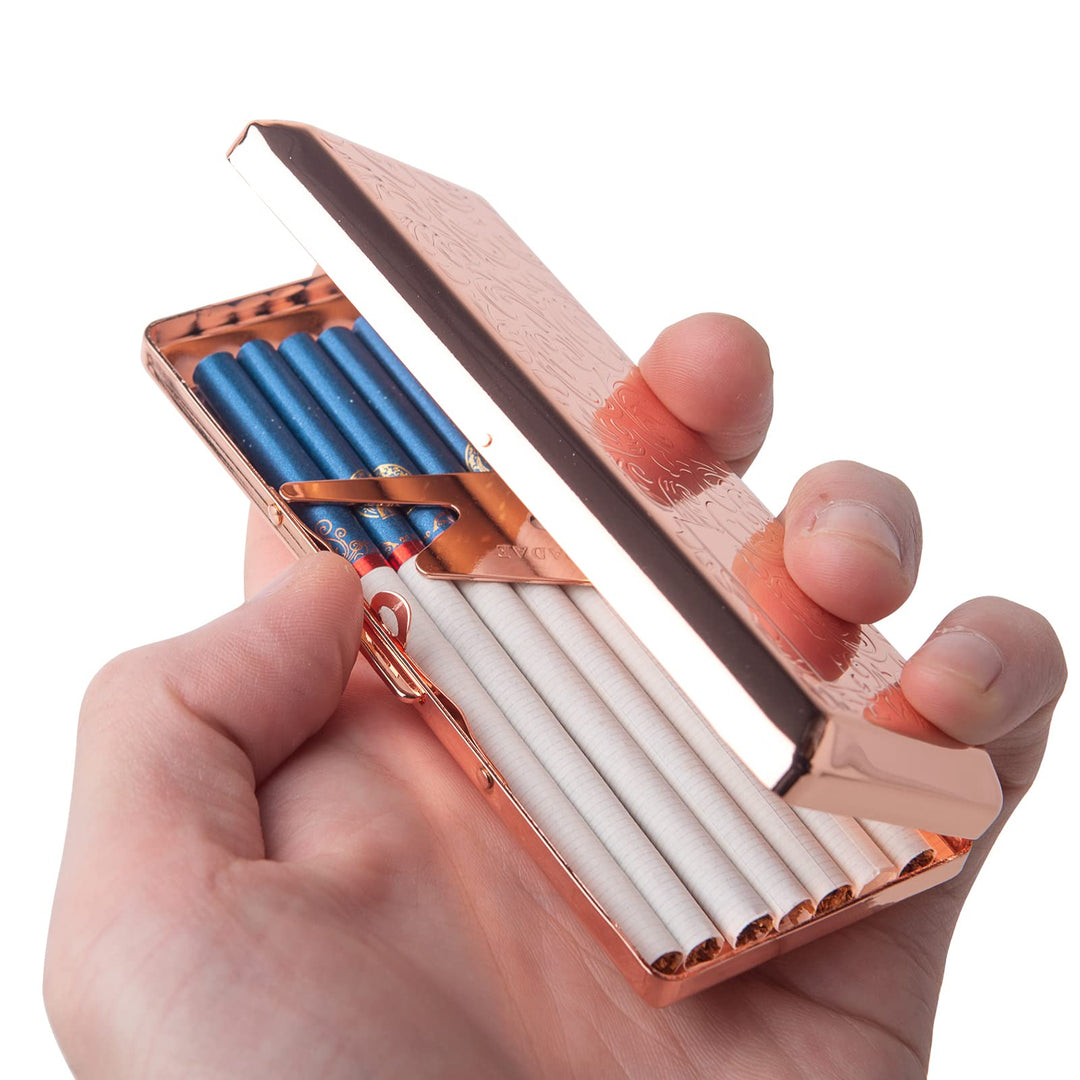 EYIDADAE Metal Cigarette Case, Portable Double Sided Spring Clip, Holds 10 Cigarettes, 100mm, Vines Rose Gold